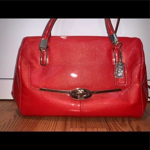 Coral red patent leather Coach bag